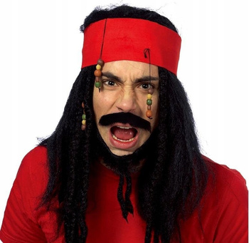 PERUKA PIRATA Z KARAIBÓW DŁUGIE CZARNE WŁOSY OPASKA DREDY KORALIKI JACK