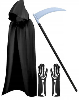 STRÓJ KOSTUCHA ŚMIERĆ PELERYNA 140cm KOSA SKŁADANA 102cm RĘKAWICZKI KOŚCI