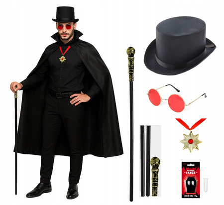 KOSTIUM WAMPIR DOROSŁTCH NASTOLATKA PELERYNA OKULARY CYLINDER LASKA KŁY