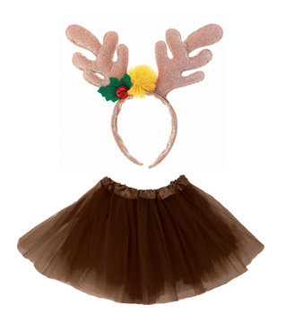 STRÓJ RENIFER ZŁOTY BEŻOWY OPASKA Z ROGAMI + SPÓDNICZKA TIULOWA TUTU BRĄZ