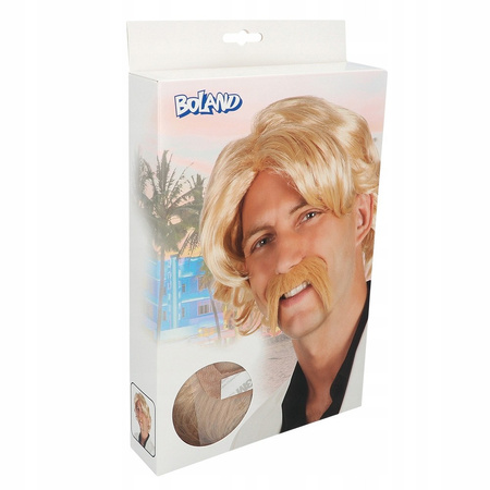 PERUKA PÓŁDŁUGIE BLOND WŁOSY KRĘCONE CHUCK + WĄSY + OKULARY PRL LATA 70 80