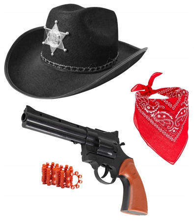 ZESTAW STRÓJ KOWBOJA KAPELUSZ DZIECIĘCY SZERYF BANDAMA REWOLWER + KAPISZONY