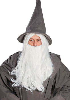 PERUKA DŁUGIE SIWE BIAŁE WŁOSY + BRODA GANDALF DRUID MAG CZARODZIEJ MERLIN