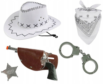 ZESTAW SZERYF KOWBOJ KAPELUSZ BIAŁY DUŻY BANDAMA PISTOLET KABURA KAJDANKI
