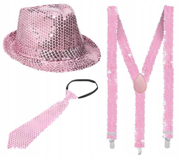 ZESTAW PUDROWY RÓŻ KAPELUSZ CEKINOWY KRAWAT SZELKI CEKIN JASNY RÓŻOWY