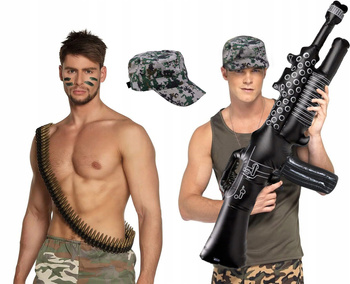 STRÓJ WOJSKOWY RAMBO ŻOŁNIERZ PAS Z NABOJAMI CZAPKA +DMUCHANY KARABIN 110cm