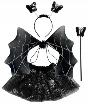 STRÓJ WIEDŹMA CZAROWNICA TUTU PAJĘCZYNA SKRZYDŁA OPASKA RÓŻDŻKA ĆMA WRÓŻKA