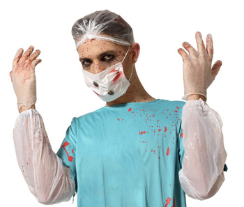 STRÓJ LEKARZ ZOMBIE 6 ELEMENTÓW MASKA RĘKAWICZKI CZEPEK
