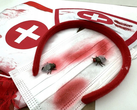 STRÓJ PIELĘGNIARKA ZOMBIE OPASKA MASKA FARTUCH + STETOSKOP + SZTUCZNA KREW