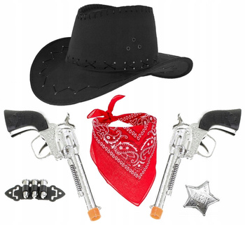 ZESTAW SZERYF KOWBOJ KAPELUSZ BANDAMA CZERWONA PISTOLETY