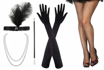 ZESTAW RETRO OPASKA PERŁY RĘKAWICZKI CYGARETKA RAJSTOPY KABARETKI