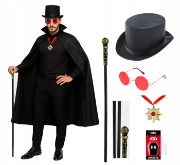 KOSTIUM WAMPIR DOROSŁTCH NASTOLATKA PELERYNA OKULARY CYLINDER LASKA KŁY