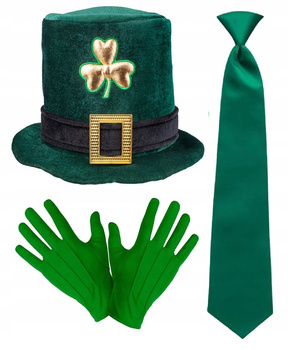 ZIELONA CZAPKA CYLINDER MIĘKKI Z KLAMRĄ ŚWIĘTEGO PATRYKA KRAWAT RĘKAWICZKI