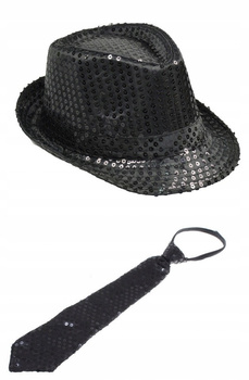 ZESTAW CZARNY KAPELUSZ CEKINOWY FEDORA KRAWAT BLACK CEKIN DISCO