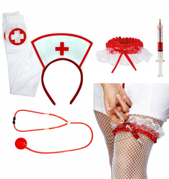 STRÓJ PIELĘGNIARKA OPASKA STETOSKOP PODWIĄZKA DŁUGOPIS STRZYKAWKA 4 ELEMENT