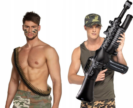 STRÓJ WOJSKOWY RAMBO ŻOŁNIERZ PAS Z NABOJAMI CZAPKA +DMUCHANY KARABIN 110cm