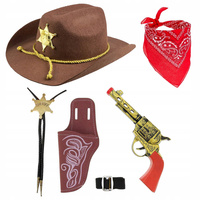 KAPELUSZ KOWBOJ BRĄZOWY BANDAMA REWOLWER KABURA + NASZYJNIK SZERYF GWIAZDA