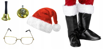 STRÓJ MIKOŁAJA CZAPKA OKULARY DZWONEK NAKŁADKI NA BUTY DO STROJU ŚWIĘTEGO
