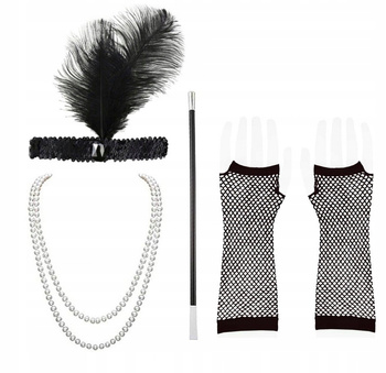 ZESTAW RETRO OPASKA PERŁY RĘKAWICZKI Z SIATKI CYGARETKA