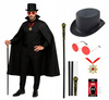 KOSTIUM WAMPIR DOROSŁTCH NASTOLATKA PELERYNA OKULARY CYLINDER LASKA KŁY