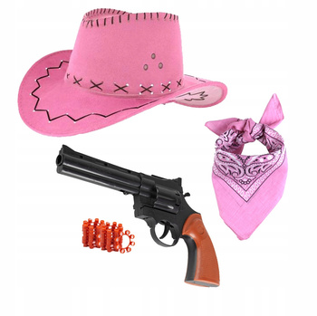 ZESTAW STRÓJ KOWBOJKI KAPELUSZ RÓŻOWY DZIECIĘCY BANDAMA REWOLWER +KAPISZONY