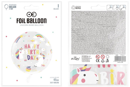 BALON FOLIOWY PRZEZROCZYSTY JEDNOROŻEC UNICORN 45cm