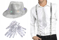 KAPELUSZ CEKINOWY SREBRNY + SZELKI + KRAWAT RĘKAWICZKI