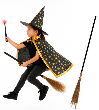 STRÓJ WIEDŹMA CZARODZIEJ ZESTAW KAPELUSZ RÓŻDŻKA ŚWIECĄCA MIOTŁA SKŁADANA