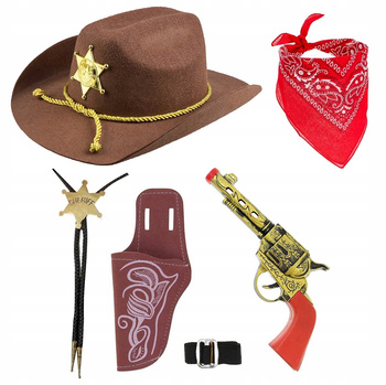 KAPELUSZ KOWBOJ BRĄZOWY BANDAMA REWOLWER KABURA + NASZYJNIK SZERYF GWIAZDA