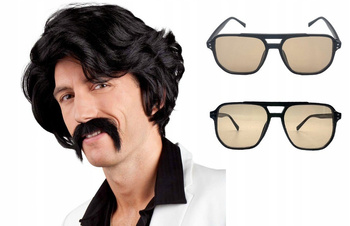 PERUKA PÓŁDŁUGIE CZARNE WŁOSY KRĘCONE CHUCK + WĄSY I OKULARY PRL BRUNET