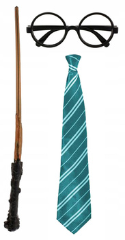 RÓŻDŻKA 44cm KRAWAT ZIELONY W PASKI OKULARY STRÓJ CZARODZIEJ MAGIK