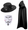 ZESTAW STRÓJ VENDETTA ANONYMOUS PELERYNA CZARNA 110cm MASKA KAPELUSZ SZEROK