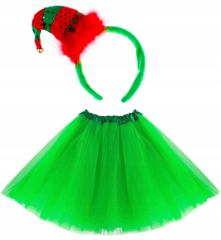 STRÓJ ELFA SKRZATA SPÓDNICZKA TIULOWA ZIELONA 30cm + OPASKA KOSTIUM TUTU