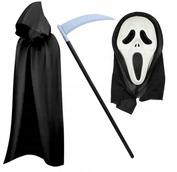 ZESTAW STRÓJ KOSTUCHA ŚMIERĆ PELERYNA 110 + MASKA PIANKOWA EVA + DUZA KOSA