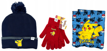 CZERWONE RĘKAWICZKI KOMIN + CZAPKA ZIMOWA POKEMON PIKACHU Z POMPONEM GRANAT