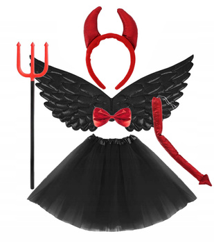 KOSTIUM DIABLICA DIABEŁ SATYNOWY STRÓJ WIDŁY ROGI TUTU 30cm + SKRZYDŁA