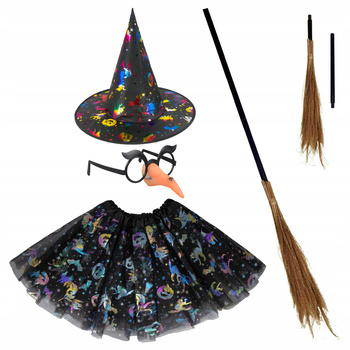 STRÓJ CZAROWNICA WIEDŹMA HALLOWEEN KAPELUSZ OKULARY Z NOSEM MIOTŁA TUTU