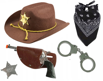 ZESTAW SZERYF KOWBOJ BRĄZOWY KAPELUSZ DOROSŁYCH BANDAMA PISTOLET KABURA