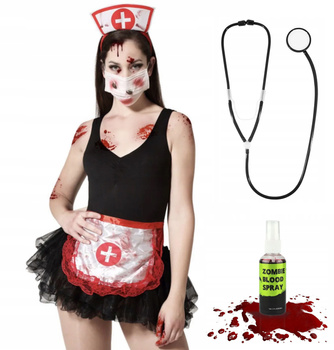 STRÓJ PIELĘGNIARKA ZOMBIE OPASKA MASKA FARTUCH + STETOSKOP + SZTUCZNA KREW