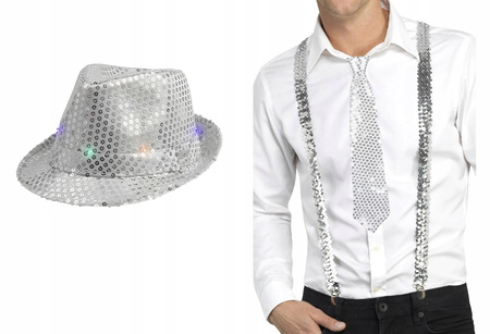 KAPELUSZ + SZELKI CEKINOWE DO SPODNI SREBRNE +KRAWAT STROJU DISCO