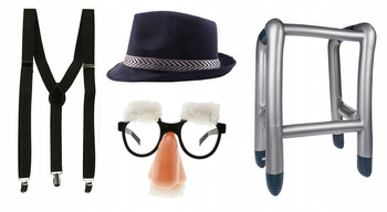 STRÓJ DZIADEK KAPELUSZ DMUCHANY BALKONIK OKULARY SIWE WĄSY BRWI SZELKI