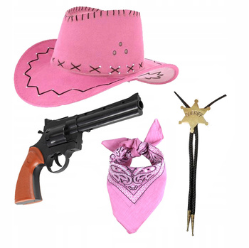 STRÓJ KOWBOJKI KAPELUSZ RÓŻOWY DZIECIĘCY BANDAMA REWOLWER +NASZYJNIK SZERYF