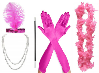 ZESTAW RETRO RÓŻOWA OPASKA PERŁY RĘKAWICZKI CYGARETKA SZAL BOA RÓŻ