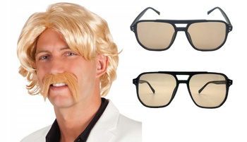 PERUKA PÓŁDŁUGIE BLOND WŁOSY KRĘCONE CHUCK + WĄSY + OKULARY PRL LATA 70 80