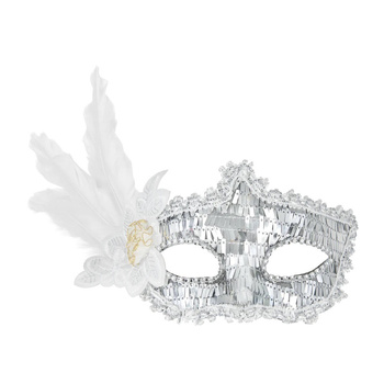 MASKA KARNAWAŁOWA Z PIÓRAMI SREBRNA 18x22cm