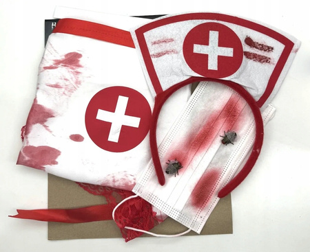 STRÓJ PIELĘGNIARKA ZOMBIE OPASKA MASKA FARTUCH + STETOSKOP + SZTUCZNA KREW
