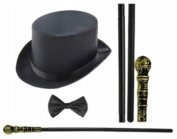 ZESTAW STRÓJ DŻENTELMENA CYLINDER CZARNY + MUSZKA + LASKA Z GAŁKĄ SKŁADANA