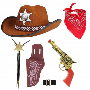 KAPELUSZ KOWBOJ BRĄZOWY DZIECIĘCY BANDAMA REWOLWER KABURA +NASZYJNIK SZERYF