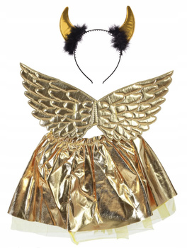 STRÓJ DIABEŁ ANIOŁ ZŁOTY SKRZYDŁA SPÓDNICZKA TUTU OPASKA ROGI ZŁOTE