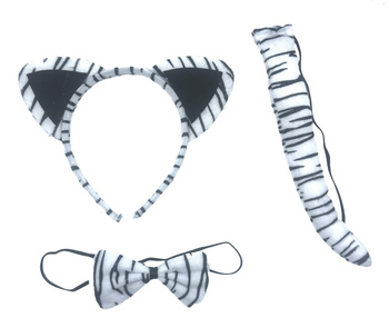 ZESTAW DO STROJU BIAŁY TYGRYS PLUSZOWA OPASKA Z USZAMI OGON MUSZKA